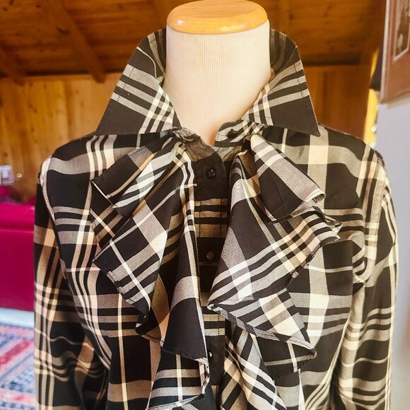 LAUREN RALPH LAUREN White and Black Plaid Ruffle Collar Shirt Blouse – M - Picture 4 of 11